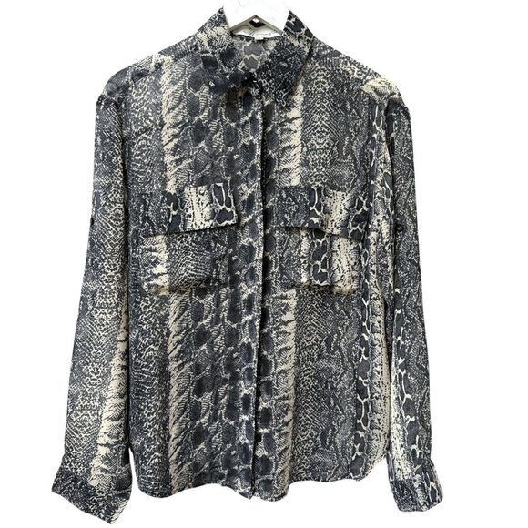 Vintage Havana Gray Snake Print Blouse Large Sheer Button Up Womens Top - Picture 1 of 12